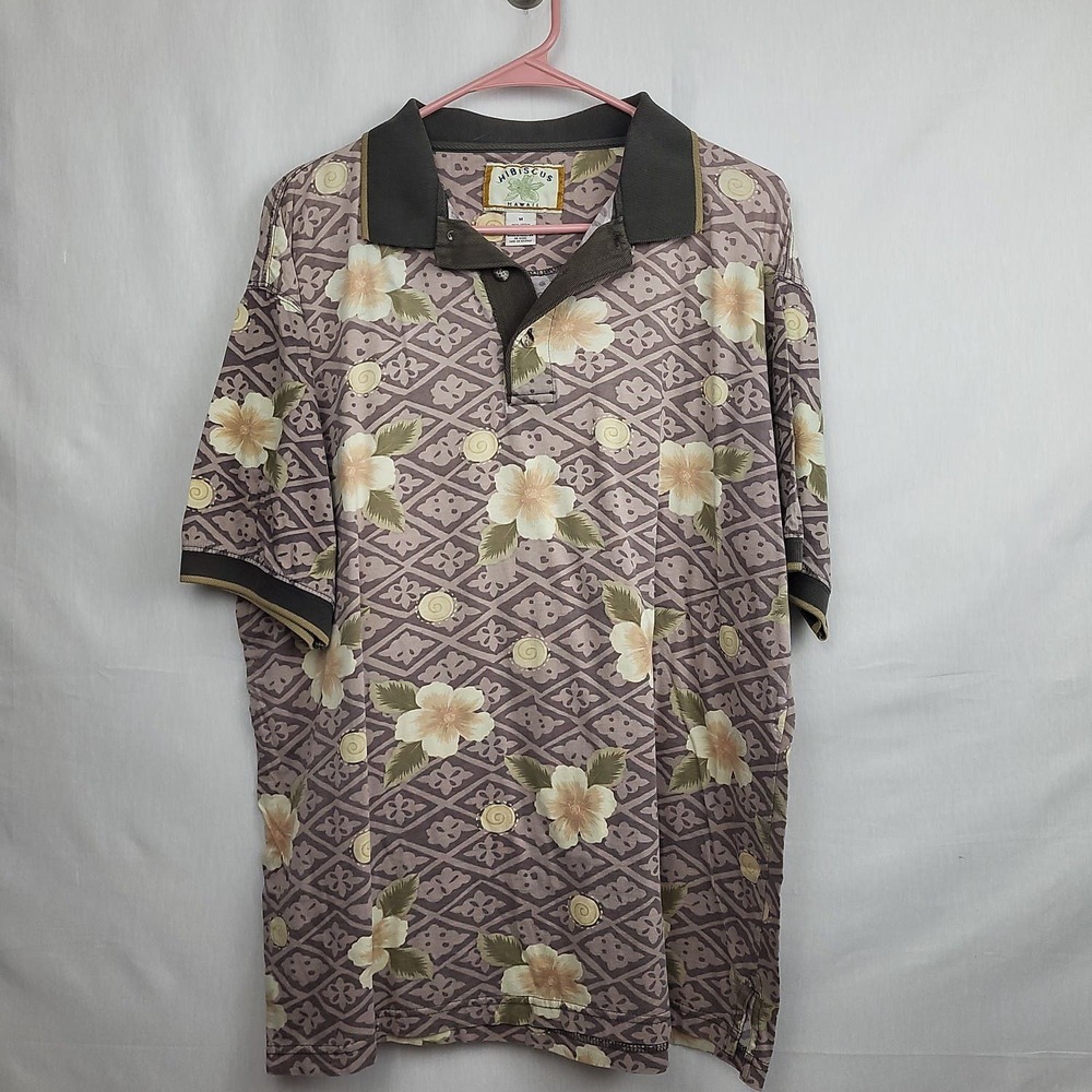 Hibiscus Hawaii Men's M Vintage Hawaiian Polo Shirt Brown Cream 100%‎ Cotton